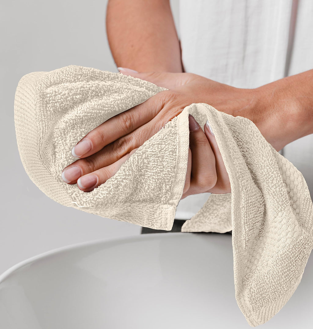 White Classic Luxury Cotton Washcloths 13x13 Inch - 650 GSM Turkish Cotton | Hotel, Spa, Bathroom Face Towel | 12 Pack, Ivory