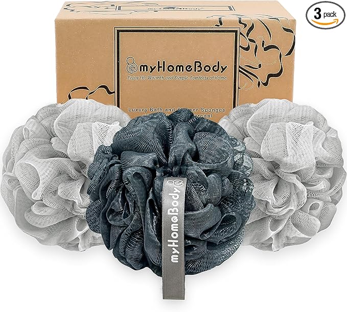 myHomeBody Large 70g Loofah Sponge, 2 Graphite Gray + 1 Sage Green