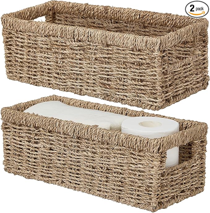 Vagusicc Wicker Storage Basket, Hand-Woven Seagrass Wicker Baskets with Handles, Toilet Paper Basket for Toilet Tank Top, Small Wicke Baskets for Organizing Shelves, 2-Pack, Seagrass