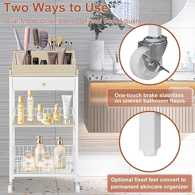 NauwaBarn Makeup Organizer Cart with Removable Cosmetic Display Case, Large Makeup Cart with Drawer and 4 SS Tool Cups, 2-in-1 Vanity Organizer for Skincare Perfume Nail Polish Brush, White & Natural