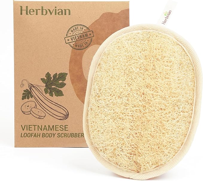 Herbvian Vietnamese Natural Loofah Exfoliating Body Scrubber Pads, 100% Plant-Based Shower Luffa Sponge, Bath Loofah for Women Men (1, Oval 6.5"x4.9")