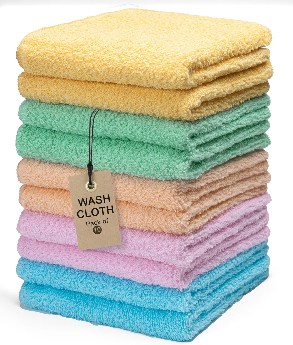 Textila Terry Washcloths – 12x12 Inches – Pack of 10 – Multicolor – Highly Absorbent, Soft Feel and Multipurpose Cotton Wash Cloths for Everyday Use