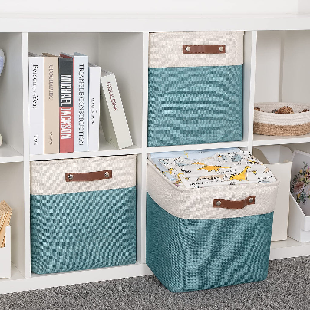 HNZIGE Cube Storage Baskets for Shelves Foldable Storage cubes Baskets(3 Pack) Cube Storage Bin,13 Inch Storage Basket for Organizing with Leather Handles for Toys, Clothes, Kids, Closet (White&Teal)