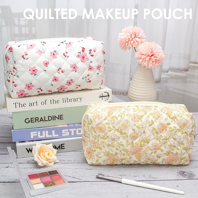 PAZIMIIK Small Quilted Makeup Bag,Zipper Cosmetic Pouch,Rose Beige