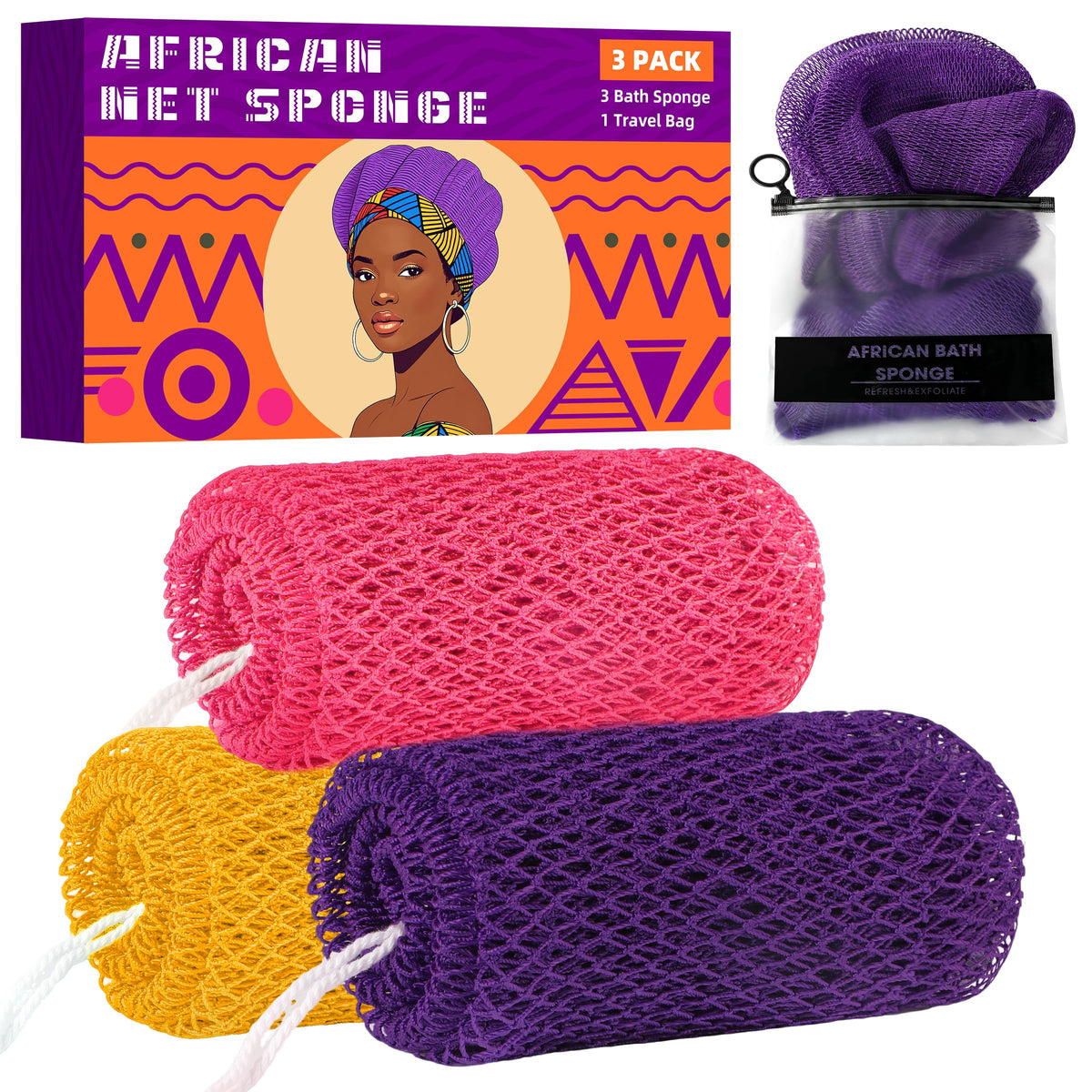 African Net Sponge 3 Pack with Travel Bag (Purple/Pink/Green)