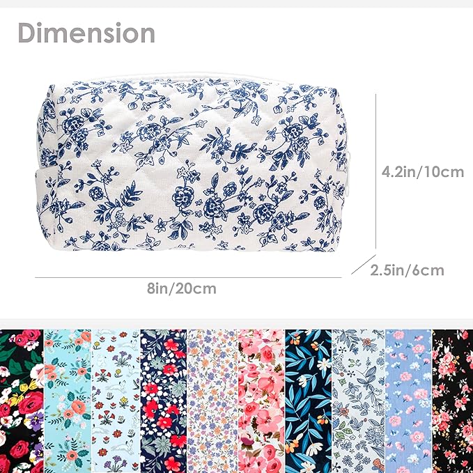 PAZIMIIK Small Quilted Makeup Bag,Zipper Cosmetic Pouch,Jouy Blue,2 Pack