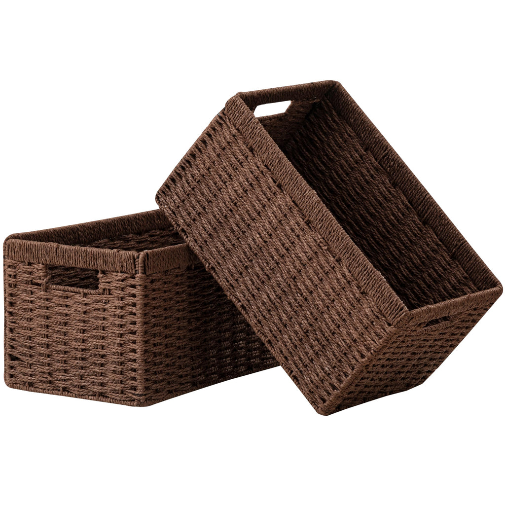UBBCARE 2 Pack Wicker Basket, 13.4L×8.3H×7.1W inch Woven Paper Rope Storage Baskets for Shelves, Foldable Rectangular Storage Baskets with Handle, Storage Basket for Organizing, Dark Brown