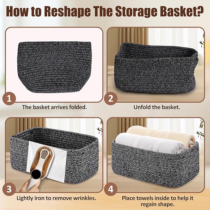 VIRETH HAUS 5-Pack Small Woven Rope Storage Baskets – 2 Sizes Organizer Bins for Closet, Shelf, Bookshelf, Nursery, Changing Table, Fabric Cube Boxes, Rectangular Shallow Bins for Bathroom, Toy & Home