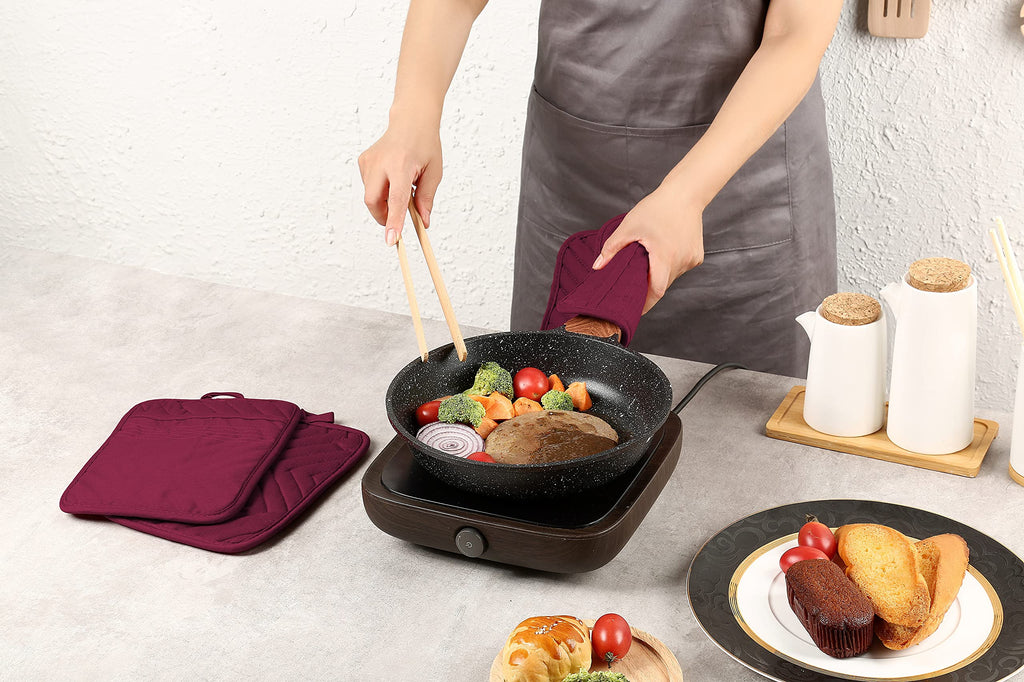 VEIKERY Oven Pot Holder with Pocket Cotton Heat Resistant Coaster Potholder Kitchen Hot Pad Oven Mitts for Cooking Square 7"x9"Set of 5 (Burgundy red, 5)