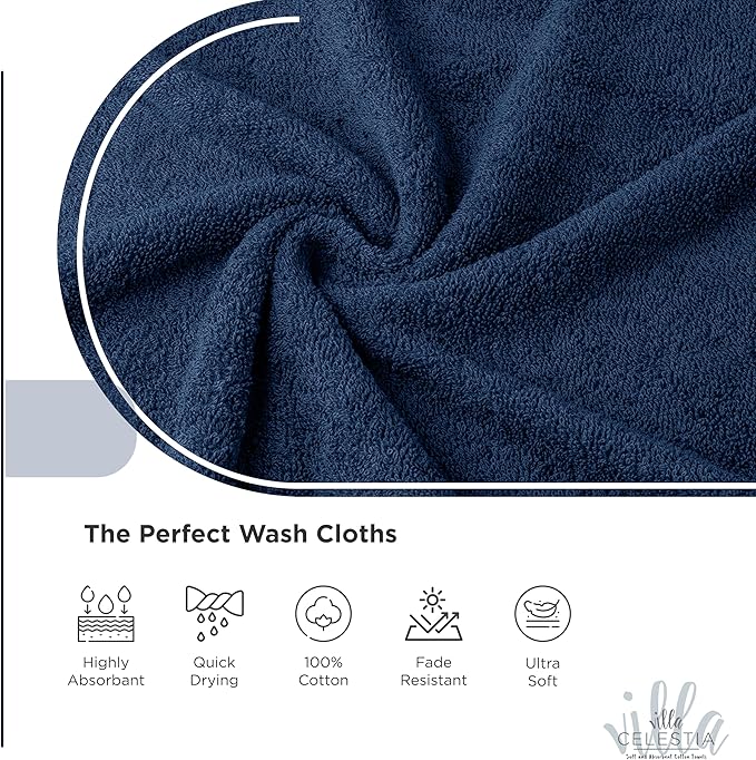 100% Cotton Wash Cloth for face & Body Set of 6, (12 x 12 inches) Sustainable, Soft, Highly Absorbent, Combed Cotton Wash Cloths Pack of 6 for Hotels, Spa, Bathroom, Dorm, Navy Blue