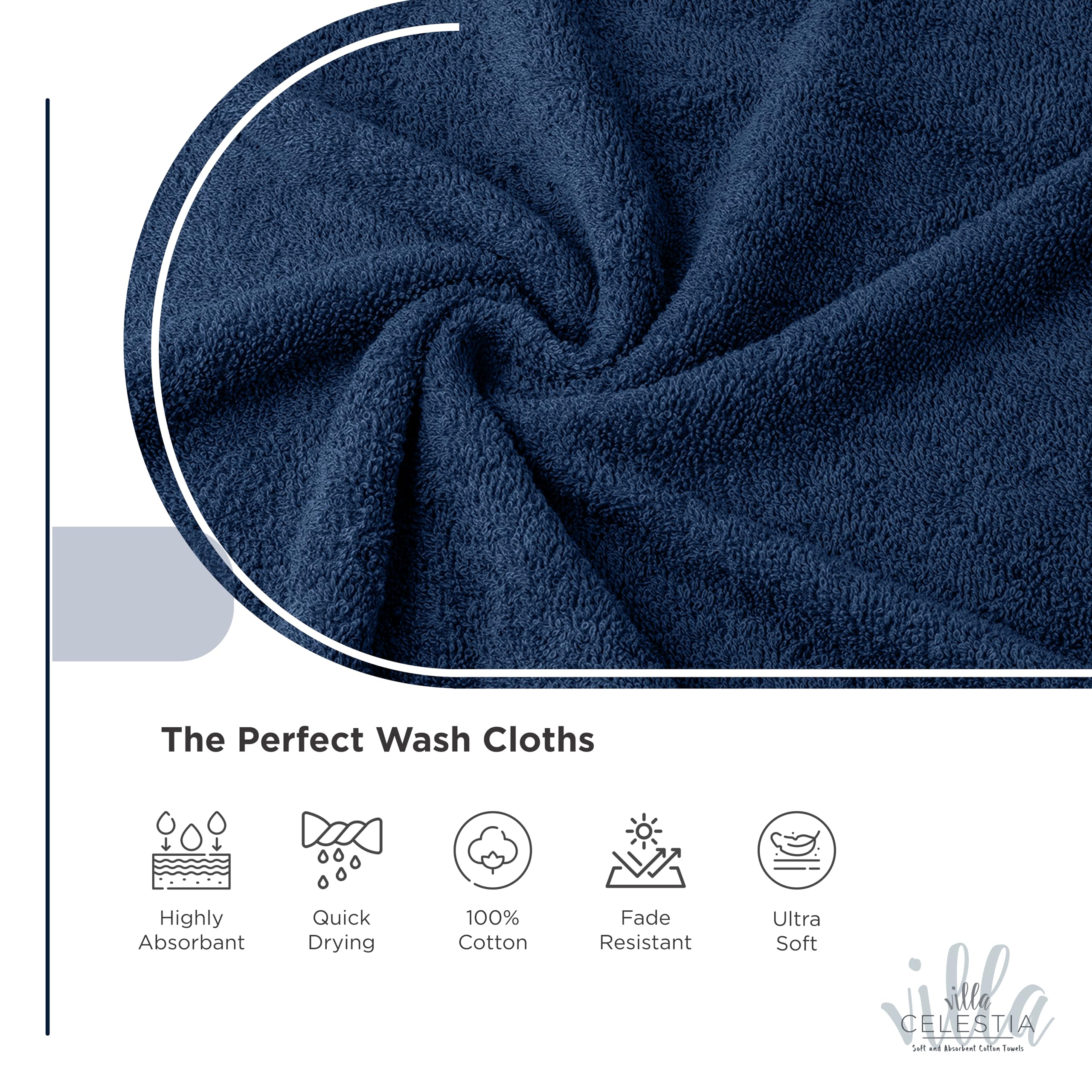 Villa Celestia Cotton Washcloths Set of 6, 12x12 Inch, 100% Ring-Spun Combed Cotton, Soft Absorbent Quick-Dry Wash Cloths for Face and Body, Oeko-TEX Certified, Hotel & Spa Quality, Navy Blue