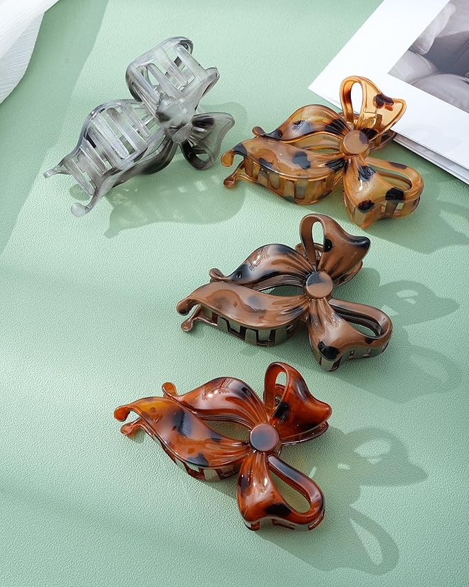 4 PCS Bow Hair Clips Bow Claw Clip for Women, Large Hair Claw Clips for Thin Thick Hair (Leopard(Deep coffee+light yellow+orange+light gray))