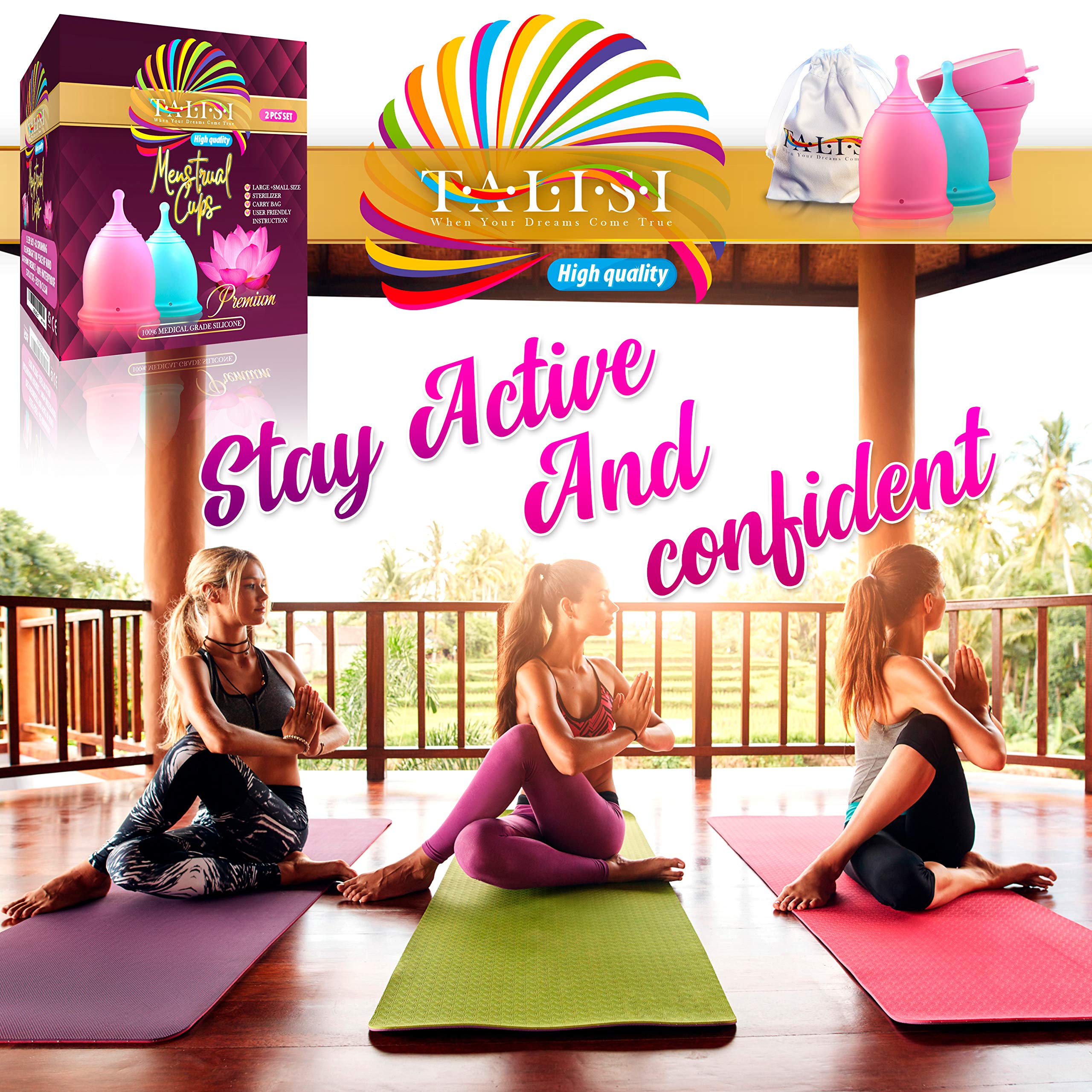 Talisi Menstrual Cups Set of 2 with Collapsible Silicone Foldable Sterilizing Cup - Tampon and Pad Alternative - Feminine Menstruation Soft Reusable Period Cup for Regular Heavy Flow with Sterilizer