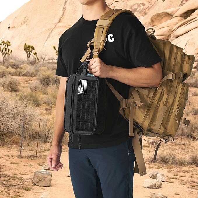 PAVILIA Tactical Toiletry Bag for Men, Water Resistant Molle Military Dopp Kit, Travel Hygiene Organizer with Wet Dry Storage for Shaving, Grooming, Gym and Camping, Black XL