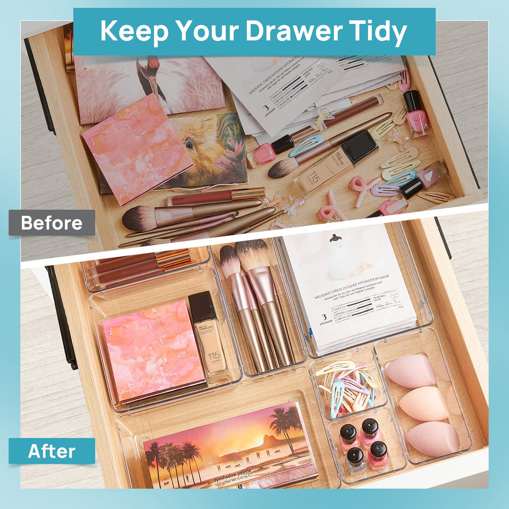 Vtopmart 72 PCS Clear Plastic Drawer Organizers Set, 4-Size Versatile Bathroom and Vanity Organizer Trays, Non-Slip Storage Containers for Makeup, Jewelries, Bedroom，Kitchen Utensils and Office