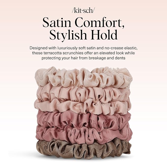 Kitsch Satin Scrunchies for Women - No Crease Hair Ties for Girls | Scrunchies For All Hair Types and Textures, Perfect for Day or Night - 6 Pcs, Terracotta