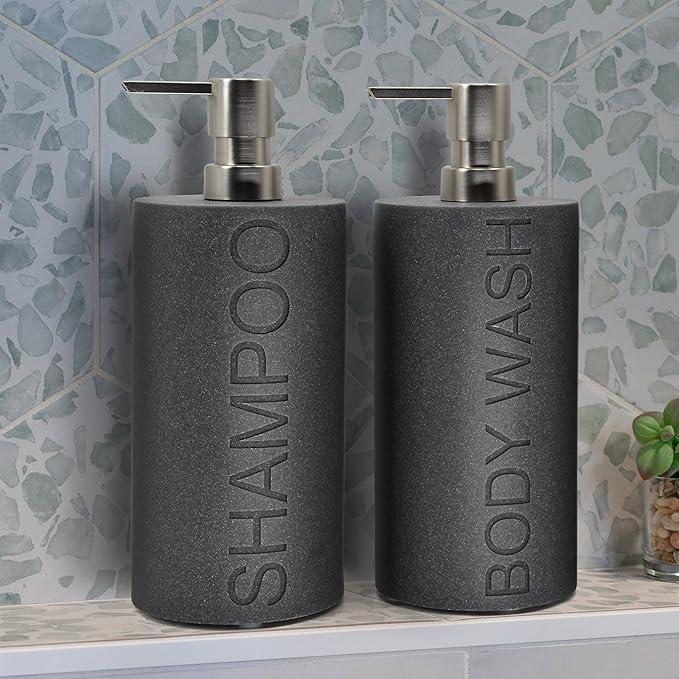 Indecor Home Resin 2 Pack Shampoo, Conditioner or Body Wash Dispenser Set, Luxurious Refillable Pump Bottles with Matte Pump Top and Embossed Text, Durable Design for Bathroom and Shower