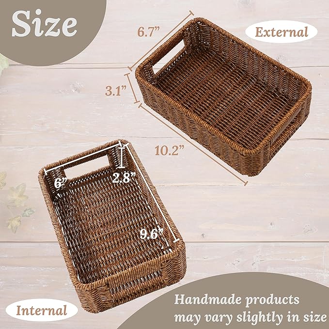 Baskets for Organizing, Small Wicker, Storage Bins for Bathroom and Toilet Paper Rolls, Hand Woven Tank Topper with Handle, Set of 2, Toffee