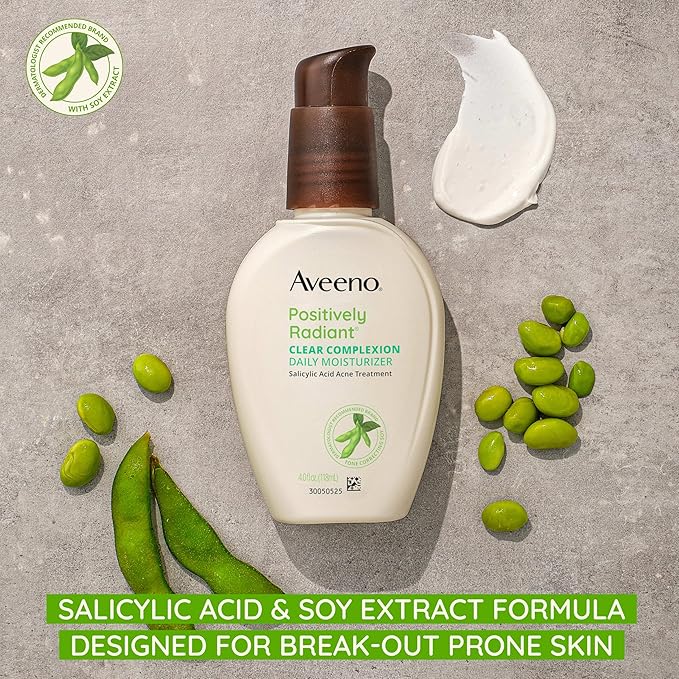 Aveeno Positively Radiant Clear Complexion Face Moisturizer, Acne Facial Lotion with Soy and Salicylic Acid for Oily Skin, Hypoallergenic Formula, Paraben-Free, Non-Comedogenic, Pump, 4 Fl Oz