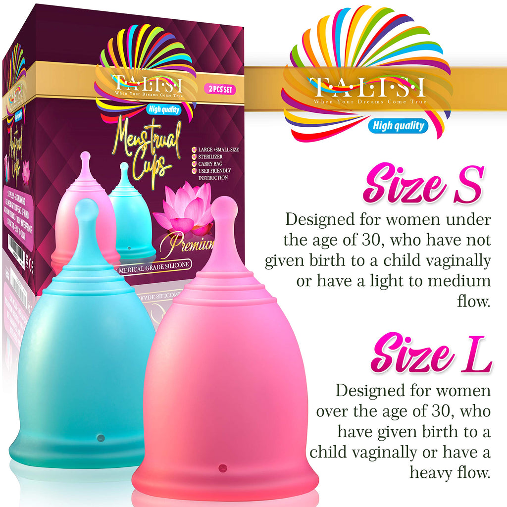 Talisi Menstrual Cups Set of 2 with Collapsible Silicone Foldable Sterilizing Cup - Tampon and Pad Alternative - Feminine Menstruation Soft Reusable Period Cup for Regular Heavy Flow with Sterilizer