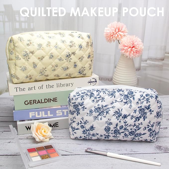 PAZIMIIK Small Quilted Makeup Bag,Zipper Cosmetic Pouch,Jouy Blue,6 Pack
