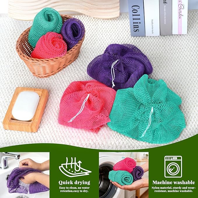 African Net Sponge Authentic, 3 Pieces Exfoliating Scrubber Bath Sponge for All Skin Types, Back Scrubber Loofah Washcloth for Shower, Gentle Exfoliation (Pink,Purple,Seawave)