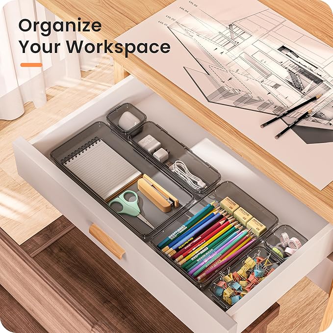 A-LuGei 【Military Grade】 Drawer Organizer,【𝟱𝗦𝗶𝘇𝗲】 Makeup organizer,【Holds 177 Items】 Bathroom Organizers and Storage,Organization and Storage,Desk Drawer Organizer for Vanity【Clear Black】