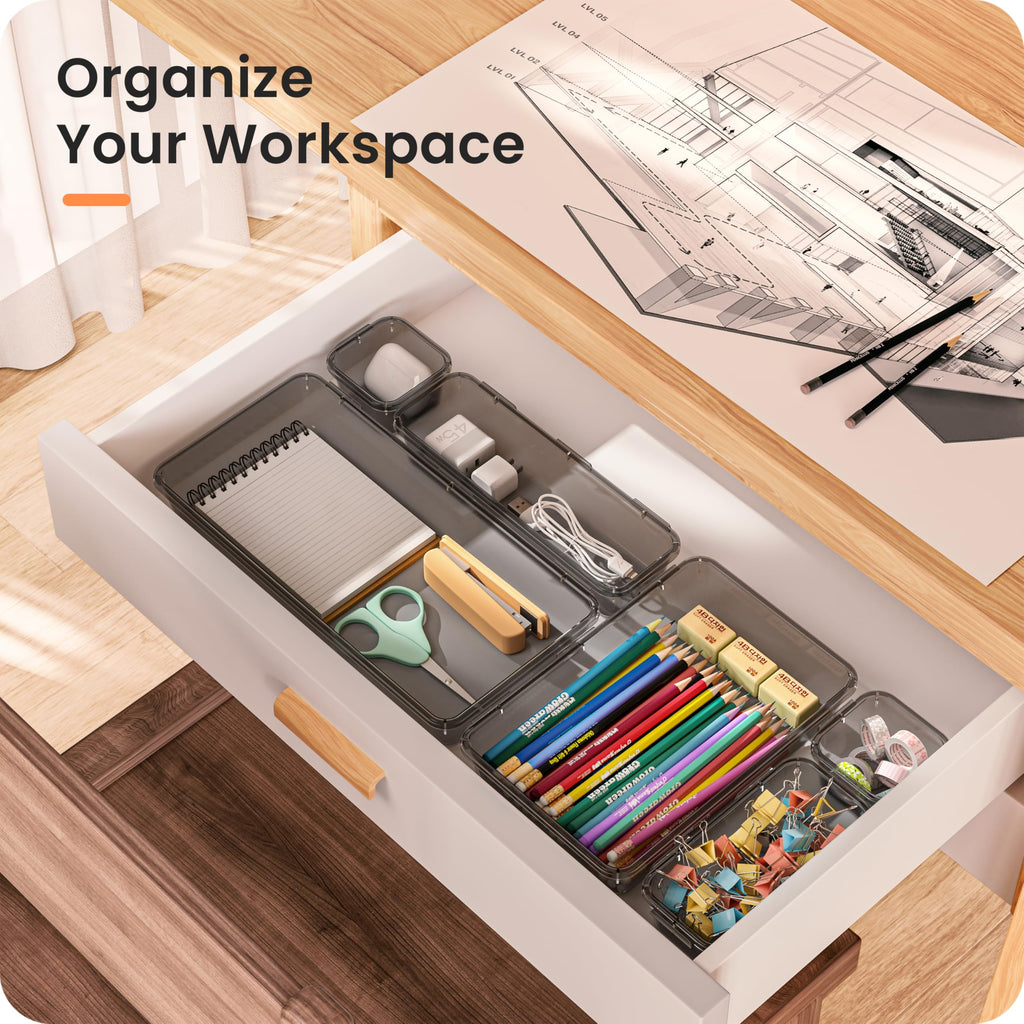 A-LuGei 【Military Grade】 Drawer Organizer,【𝟱𝗦𝗶𝘇𝗲】 Makeup organizer,【Holds 177 Items】 Bathroom Organizers and Storage,Organization and Storage,Desk Drawer Organizer for Vanity【Clear Black】