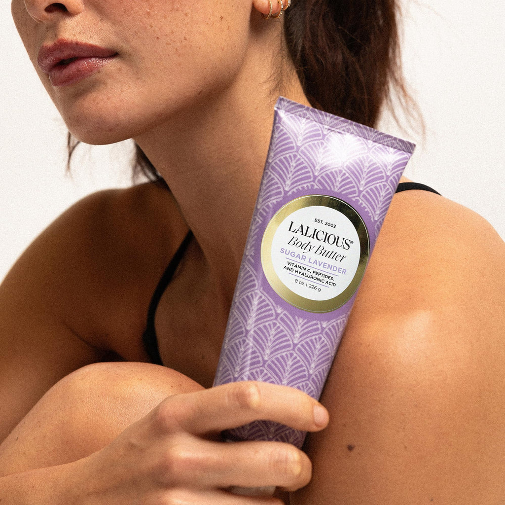 LALICIOUS Sugar Lavender Whipped Body Butter 8oz | Ultra-Hydrating Shea Butter Body Cream with Hyaluronic Acid, Vitamin C & Peptides | Deep Moisturizing Lotion for Dry Skin | Calming Lavender Scent