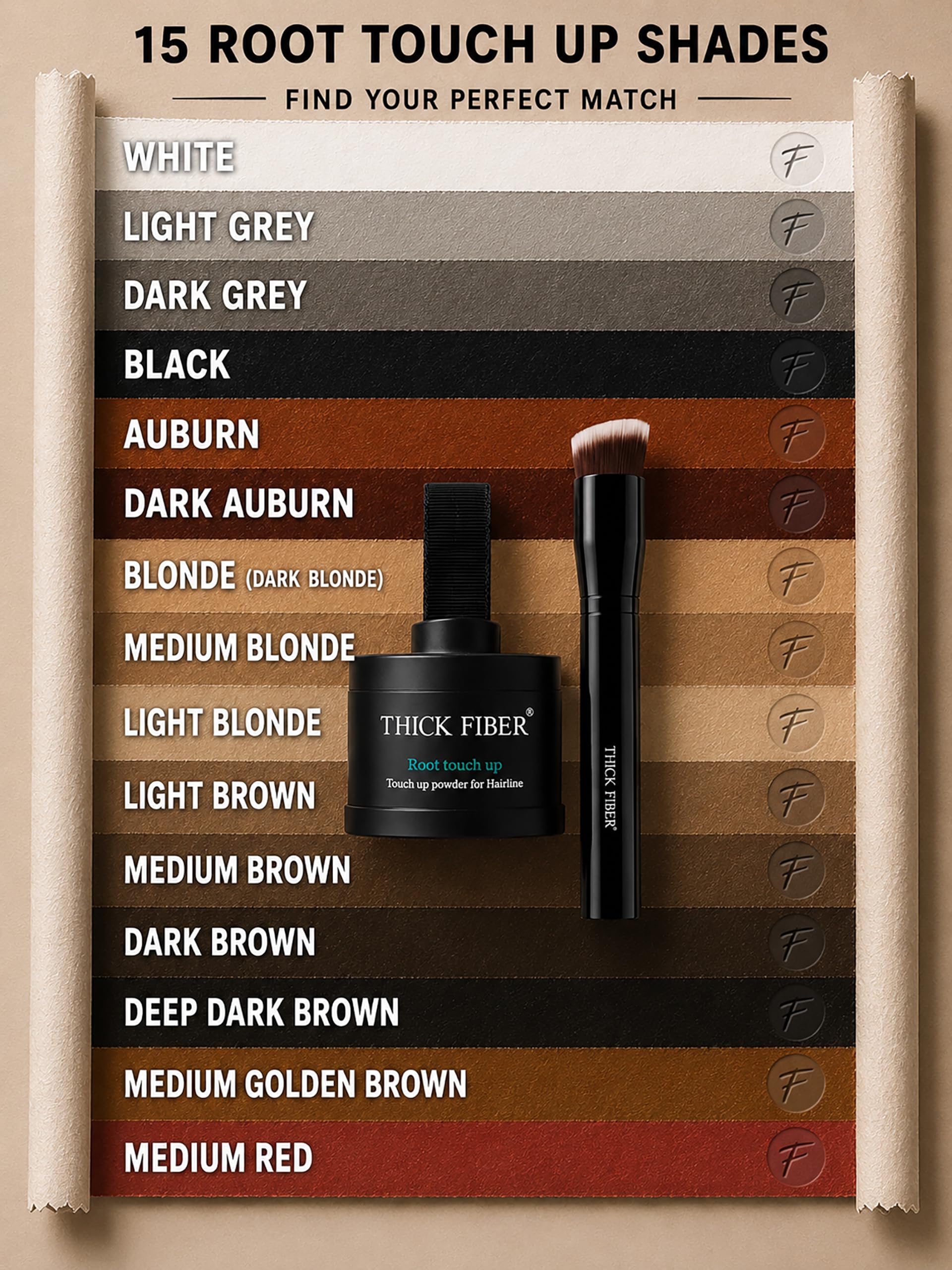 THICK FIBER Root Touch Up Set - Hairline Concealer for Thin and Thinning Hair, Water & Sweat Resistant, with Brush (Medium Golden Brown)