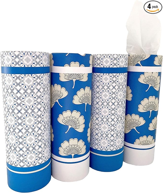 Car Tissues Holder with Facial Tissues - 4 PK - Travel Tissue Tubes Box Container Perfect Fit for Car Cup Holder Car Tissues Cylinder (Blue)