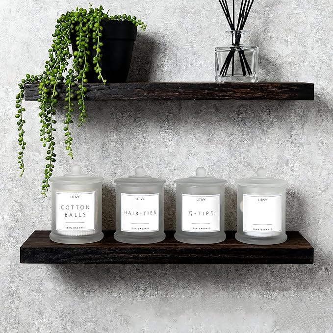 4 Pack Bathroom Organizers and Storage - 16 Oz Glass Qtip Holder & Cotton Pad Dispenser with Lid, Apothecary Jars for Home, Room Decor, Kitchen Organizer (Frosted White)