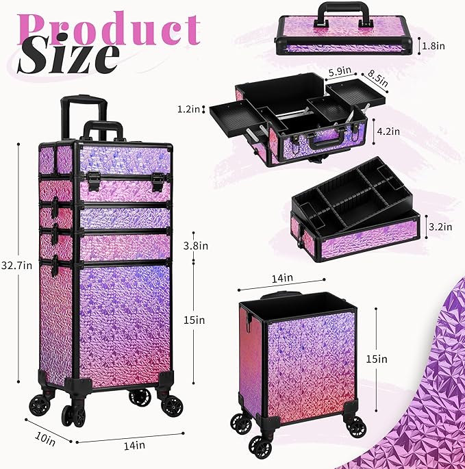 JINGUAN Professional Rolling Makeup Train Case with Lid, 5 in 1 Cosmetology Case on Wheels, Large Cosmetic Trolley Organizer Travel for Hairstylist Artist Nail Beauty Salon Barber, Gravel Pink