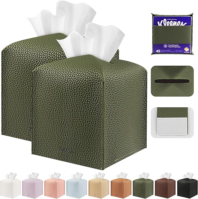 Tissue Box Cover Holder Square Tissue Cube Cover PU Leather Tissue Organizer with Bottom Belt for Bathroom, Tabletop, Car, Night Stands, Office, Home, Kitchen (2, OliveGreen)