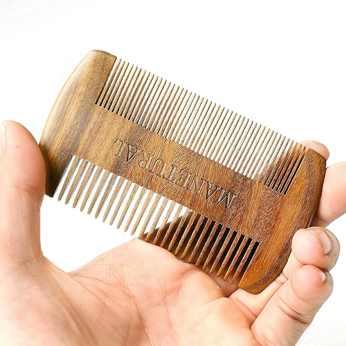 MANETURAL Premium Sandalwood Dual-Action Comb - Double-Tooth Design for Men's Fine & Wide Hair, Mustache Comb, Protective PU Leather Case