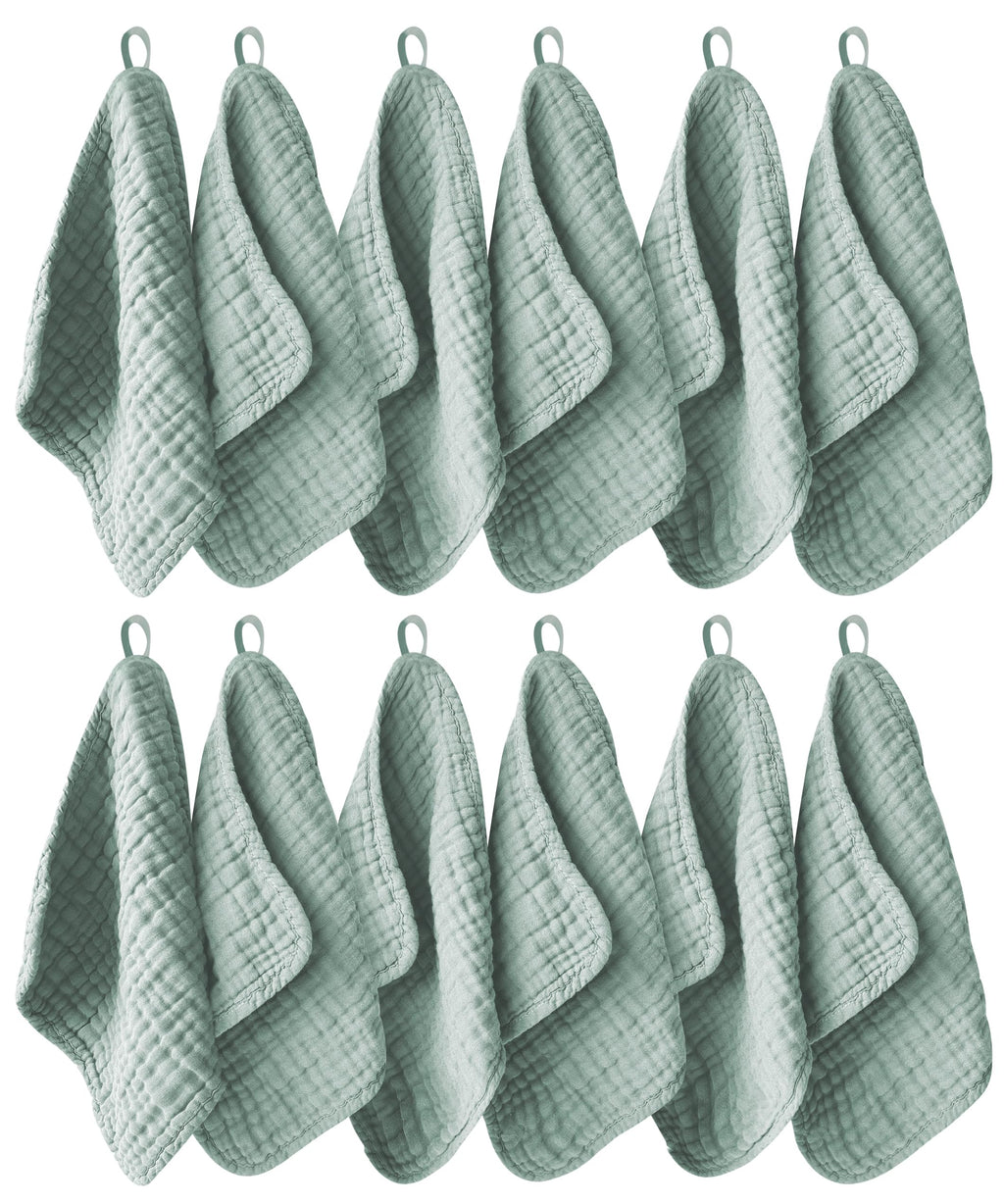 Ease Cubs 12 Pack Muslin Washcloths for Baby - 100% Cotton Baby Wash Cloths for or Baby Face Body Comfy and Soft for Newborn Infants Kids Girls and Boys - 12"x12" - Green