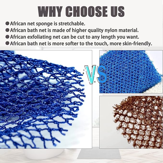 African Net Sponge, 2 Pieces Exfoliating Premium Nylon Bathing/Wash Net for Daily Back Body Scrub Scrubber Shower Net (Black, Blue) …