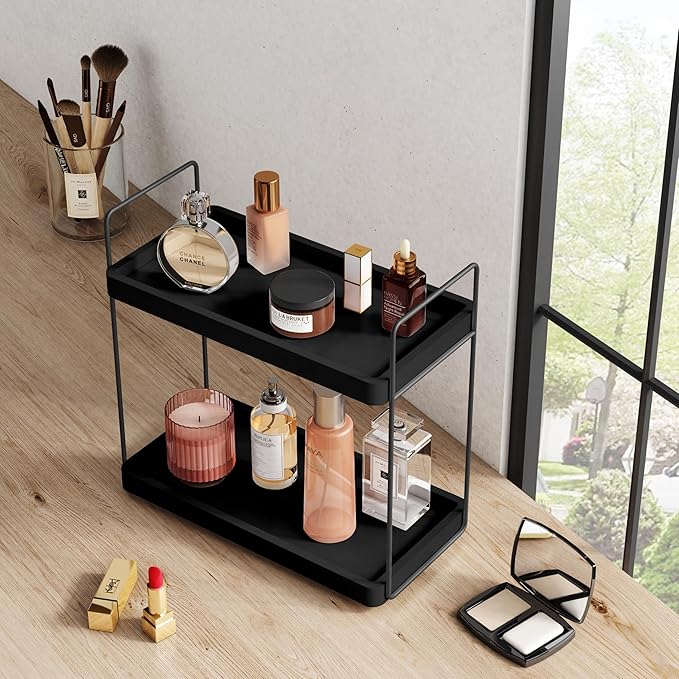 Forbena Black Bathroom Counter Organizer, Tiered Bathroom Organizer Countertop Tray, Corner Makeup Vanity Shelf Organizers and Storage for Men Perfume Skin Care Kitchen Sink Coffee Bar Station
