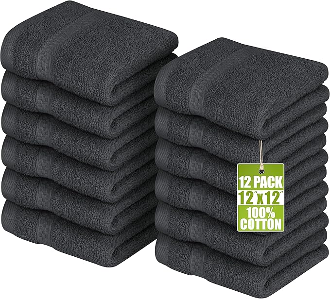 Utopia Towels 12 Pack Premium Wash Cloths Set, 12 by 12 Inches, 100% Cotton Ring Spun, Highly Absorbent and Soft Feel Essential Washcloths for Bathroom, Spa, Gym, and Face, Grey