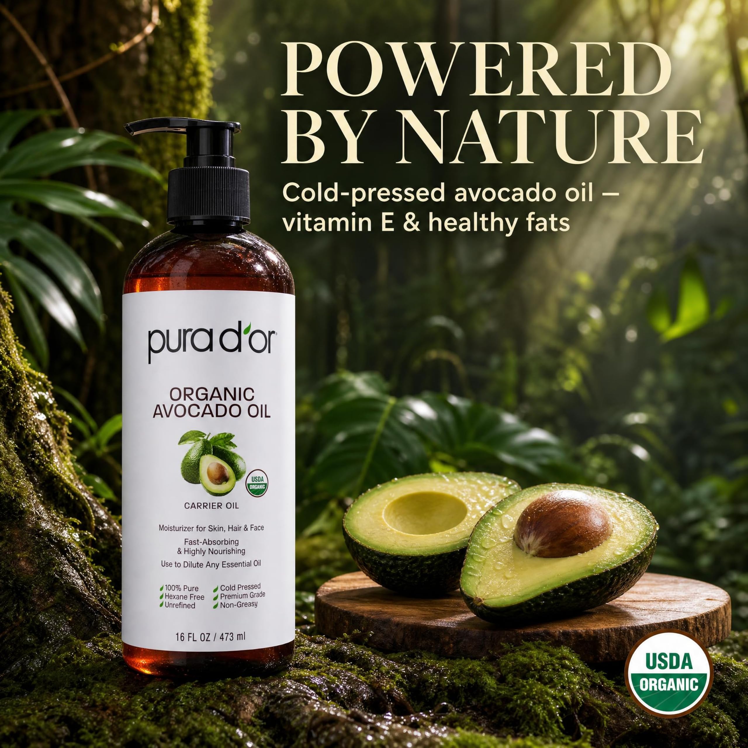 PURA D'OR ORGANIC Avocado Oil (16 Oz) 100% Pure & Natural USDA Certified Cold Pressed