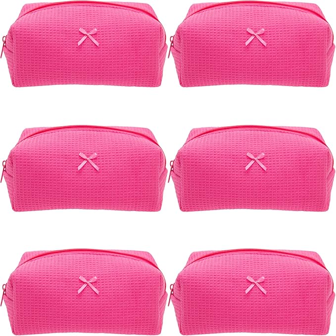 Cozy Makeup Bag for Women,Zipper Cosmetic Pouch,Waffle Hotpink,6 Pack