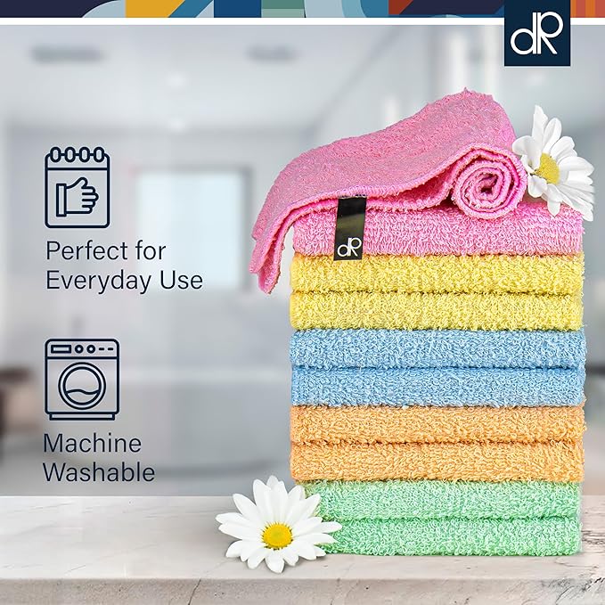 DecorRack 100% Cotton Washcloths 12x12 in, Assorted Colors (10 Pack)
