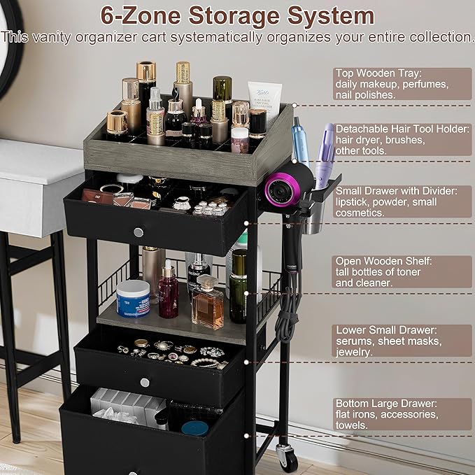 NauwaBarn Makeup Organizer Cart with 3 Drawers, Rolling Cosmetic Storage Cart with Adjustable Dividers, Detachable Hair Tool Holder & Lockable Wheels, Vanity Organizer for Small Spaces, Black & Grey