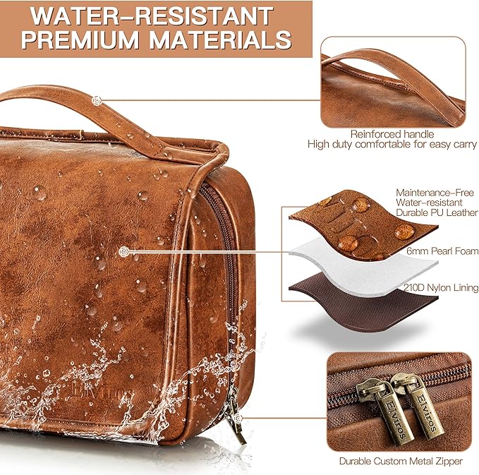 Elviros Hanging Travel Toiletry Bag Gift for Men，Mens Toiletries Bag Gifts Set Shaving Dopp Kit Water-resistant Bathroom Toiletries Organizer PU Leather Cosmetic Bags 2 Pack