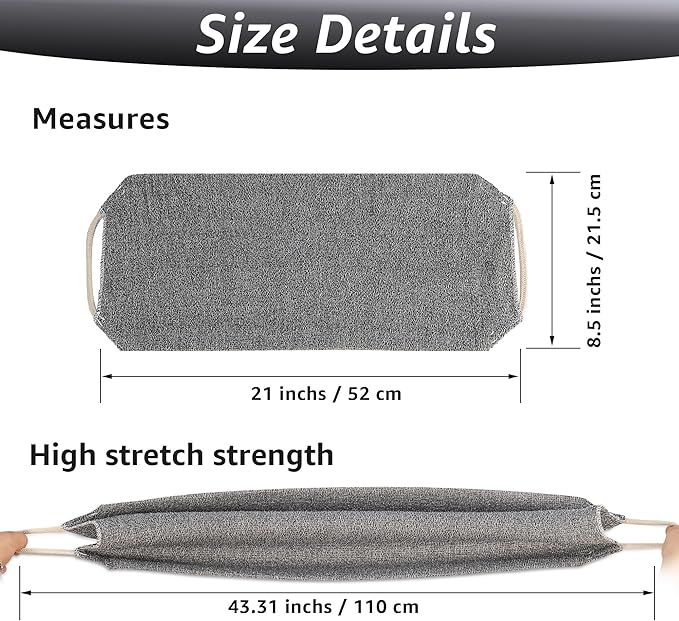 Culture Gifts Extended Exfoliating Back Scrubber with Handles, Nylon Cleaning Exfoliator Washcloth for Body, Stretchable Pull Strap Soft Quick-Drying Rough Scrub Towel, Grey