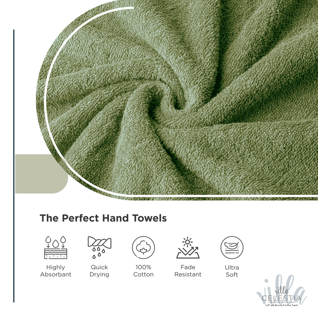 Villa Celestia Cotton Hand Towels Set of 4, 16 x 28, Oeko-TEX Certified, Quick Dry, Sage