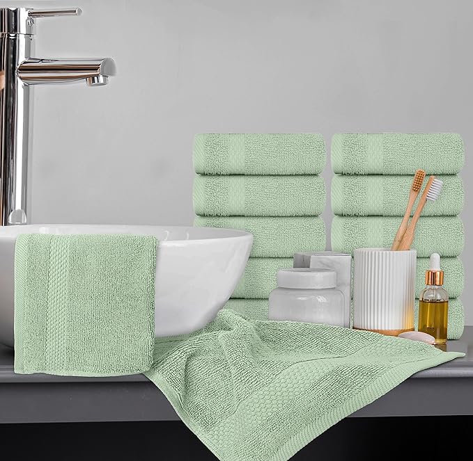 White Classic Luxury Cotton Washcloths 13x13 Inch - 650 GSM Turkish Cotton | Hotel, Spa, Bathroom Face Towel | 12 Pack, Mint Green