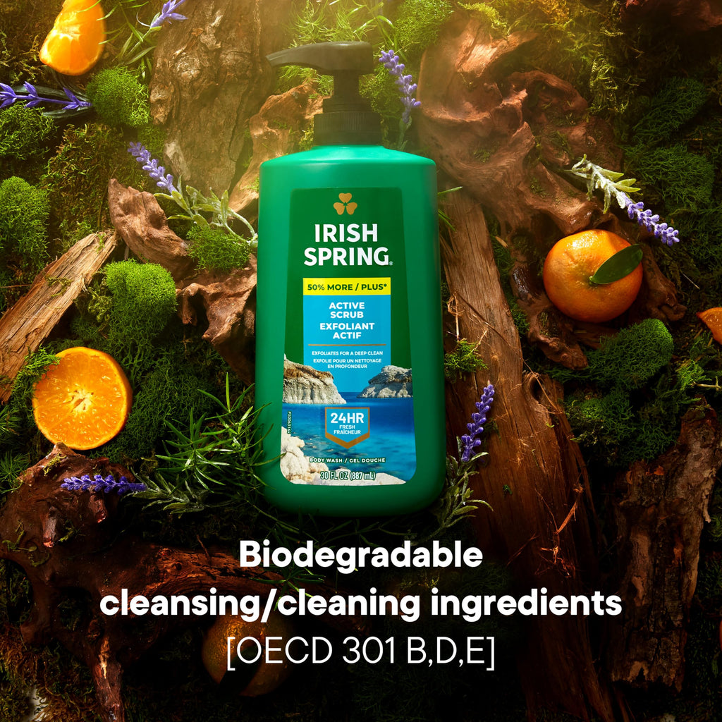 Irish Spring Active Scrub Exfoliating Body Wash for Men, 24-Hour Fresh, Biodegradable Ingredients, Paraben Free, Cool Fresh Scent, 30 fl oz Pump Bottle