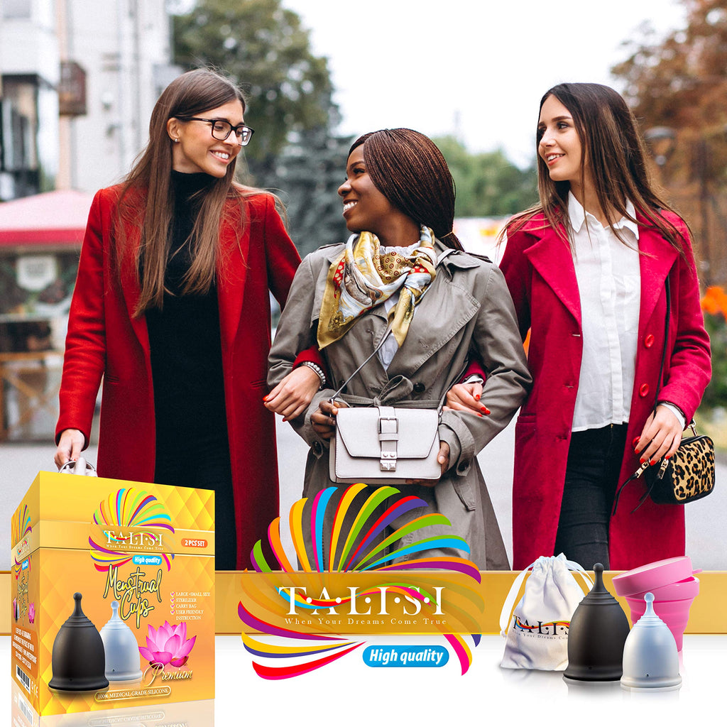 Talisi Menstrual Cups with Foldable Silicone Sterilizer - Soft Reusable Period Starter Kit - Feminine Menstruation Set - Alternative to Tampon Pad Disc - Light & Heavy Flow (Small & Large)