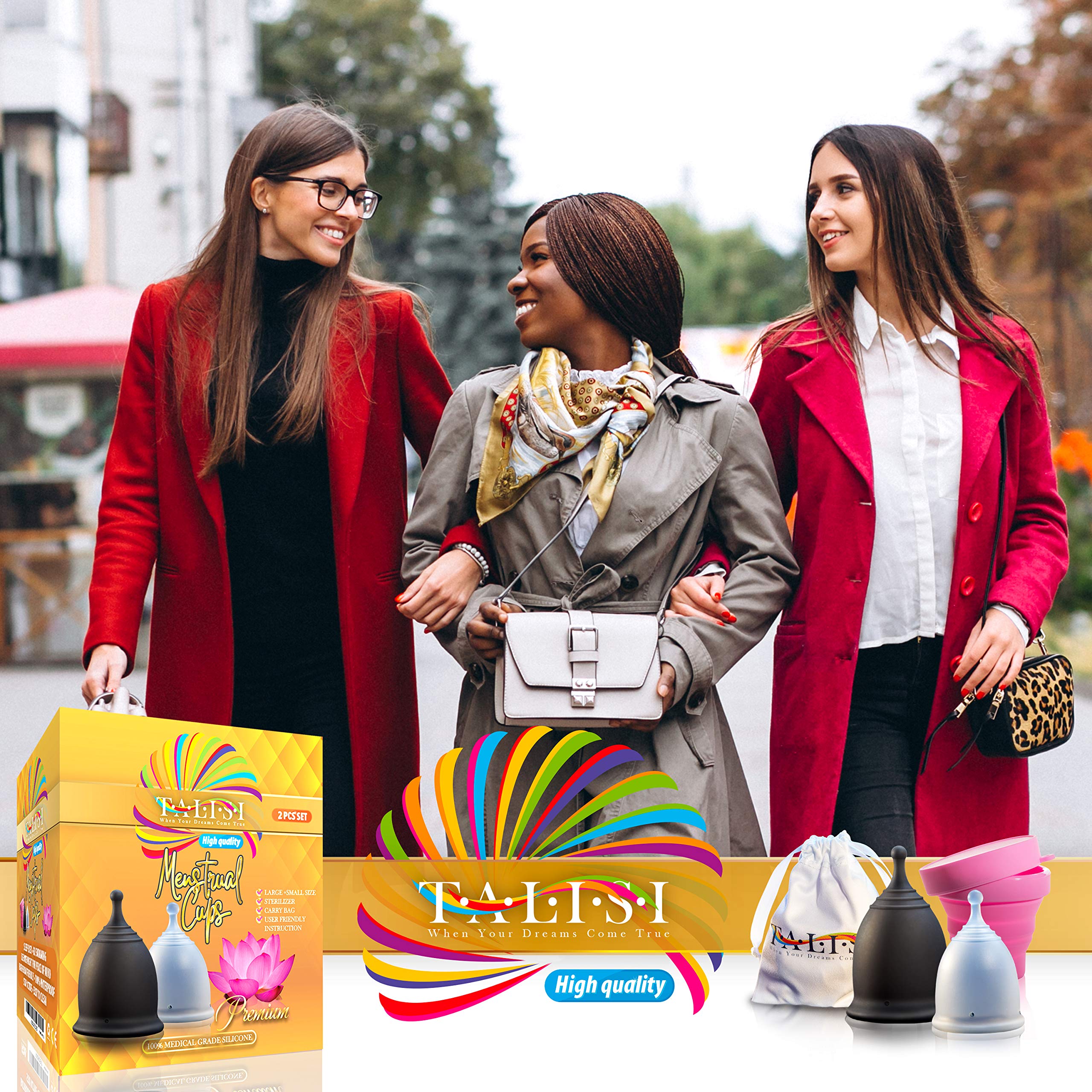 Talisi Menstrual Cups with Foldable Silicone Sterilizer - Soft Reusable Period Starter Kit - Feminine Menstruation Set - Alternative to Tampon Pad Disc - Light & Heavy Flow (Small & Large)